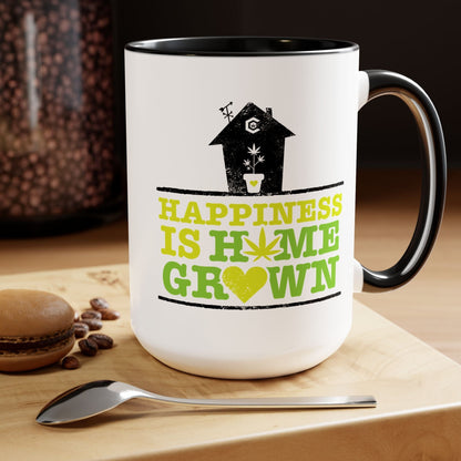 A "Happiness Is Homegrown Weed Coffee Mug," a white 15oz ceramic mug with a black handle