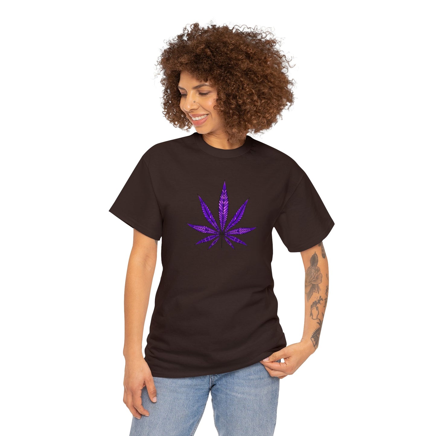 A woman in a Purple Cannabis Leaf Tee with a purple cannabis leaf design on the front.