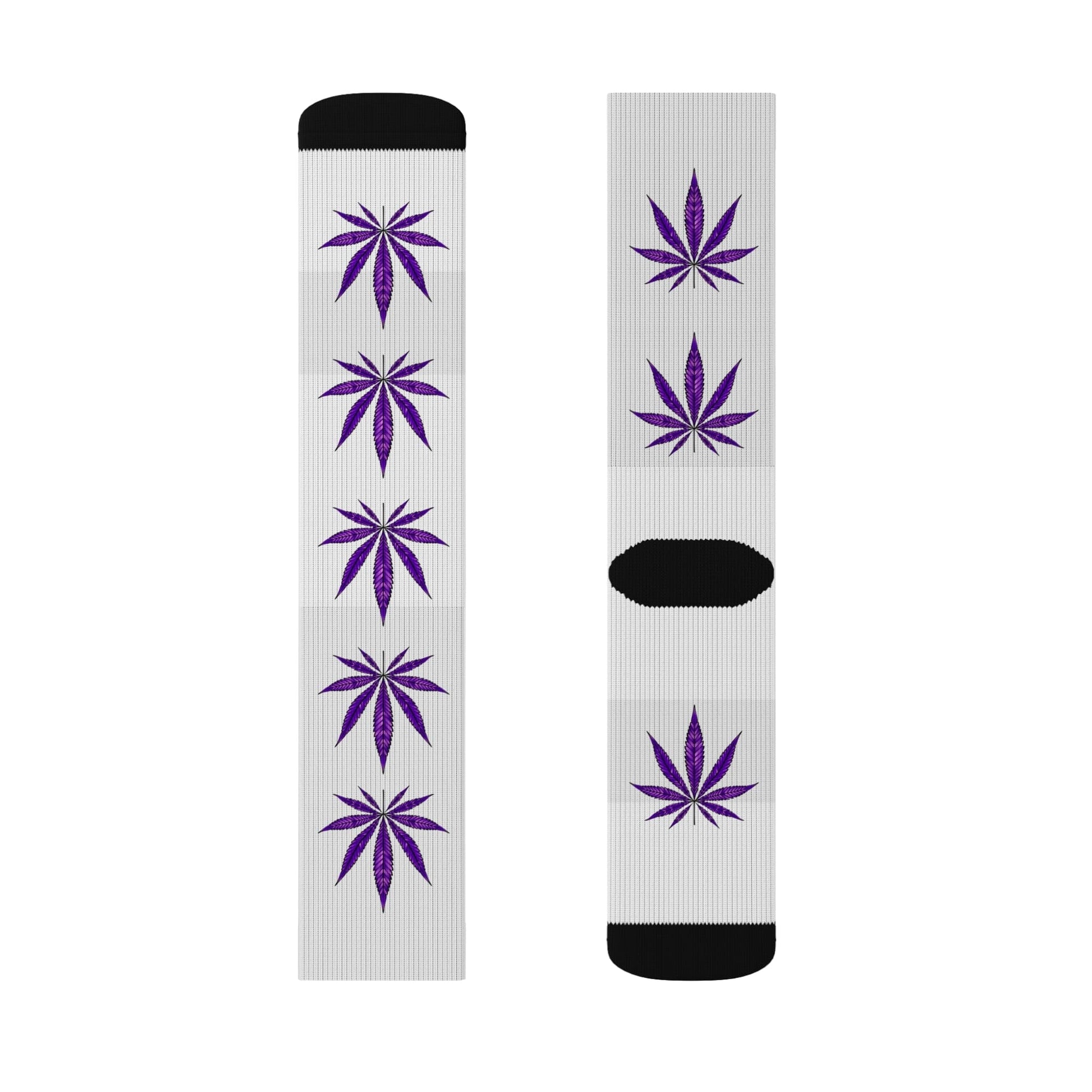 Purple Haze Weed Socks—white socks decorated with multiple purple cannabis leaf designs, shown from front and back views.