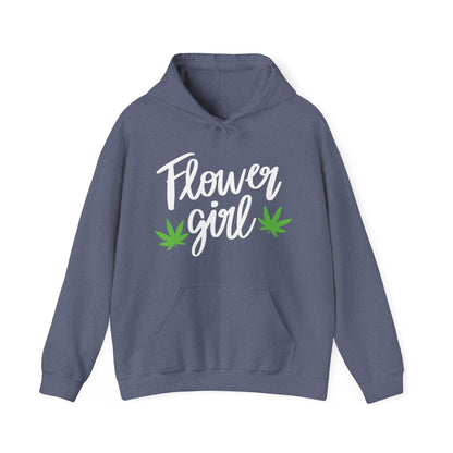 The Flower Girl Pot Leaf Hoodie is a gray, ultra-soft hoodie with "Flower Girl" in white script and two green cannabis leaves—a cozy way to express your canna pride.