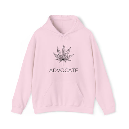 Elegant Advocate Cannabis Leaf Marijuana Hoodie with a black marijuana leaf design and the word "advocate" printed below, displayed on a plain white background.