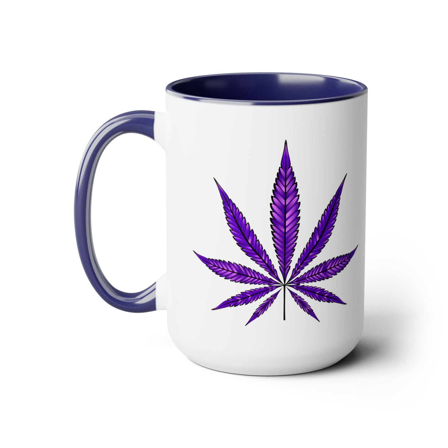 Purple Haze Marijuana Coffee Mug with a Purple Haze Marijuana leaf design on its side, featuring a blue interior and handle, isolated on a white background.