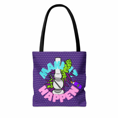 A durable "Make It Happen Cannabis Tote Bag" in purple with black handle