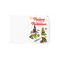 Be Merry Be Lit card laying open to show Happy Holiblaze design with weed bud snowman, joint, edibles, and concentrates.