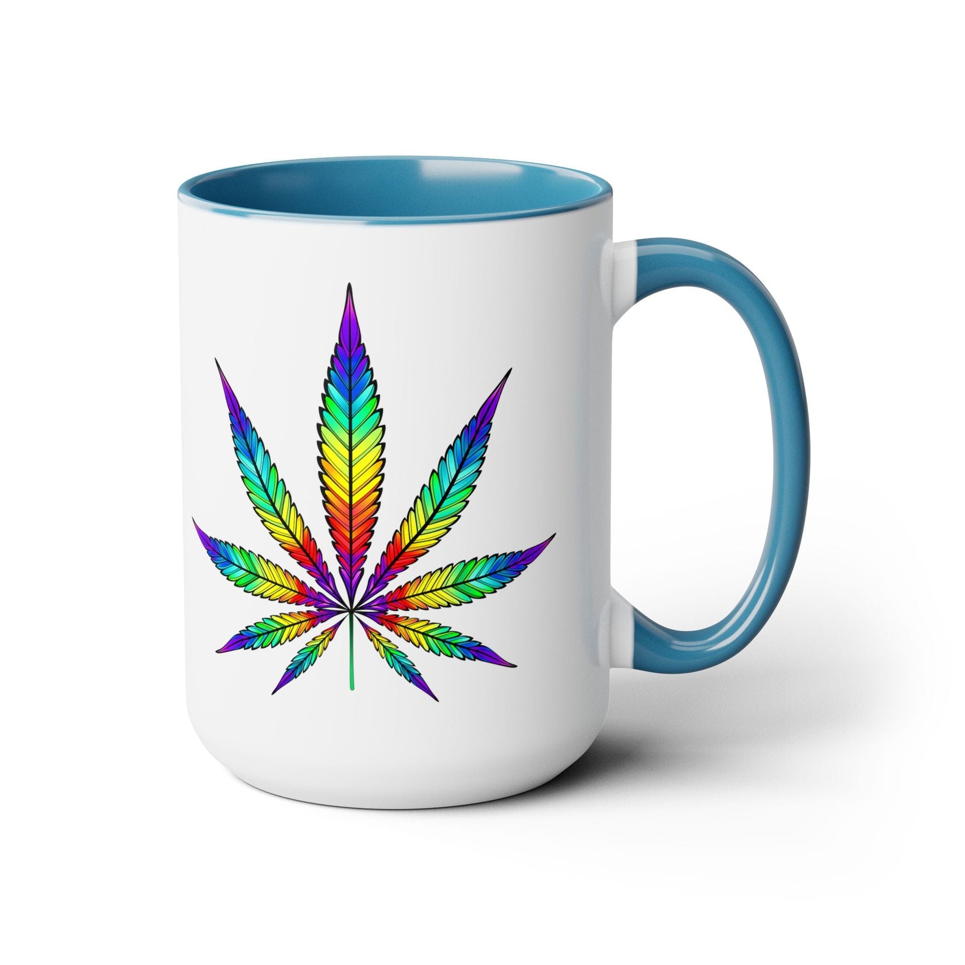 The Vibrant Rainbow Cannabis Mug is a white ceramic mug 