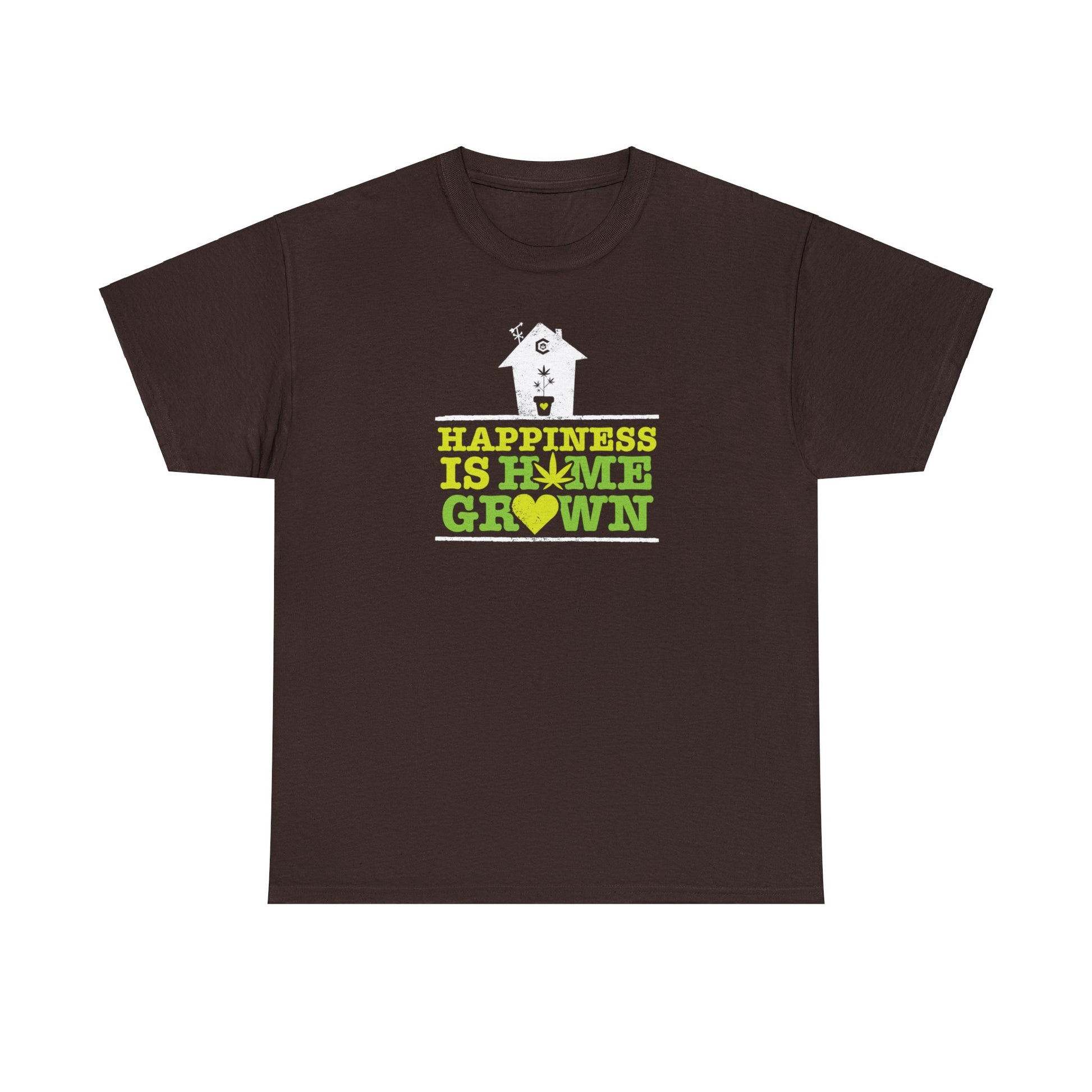 A Happiness Is Homegrown Pot Shirt with a green and yellow house on it, available for sale.