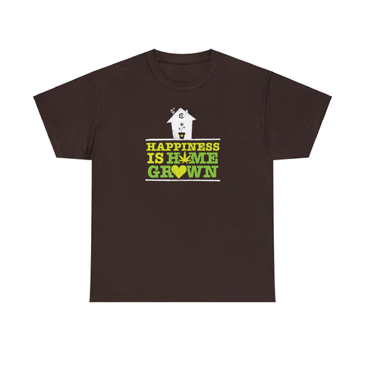 A Happiness Is Homegrown Pot Shirt with a green and yellow house on it, available for sale.