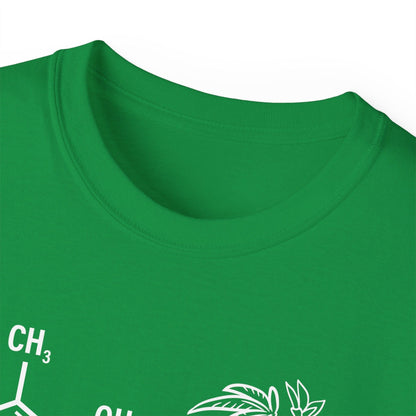 Close-up of the neckline of a green T-shirt featuring a portion of a white chemical structure graphic 