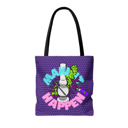 The "Make It Happen Cannabis Tote Bag" in purple with a black handle showcases a vibrant cartoon design