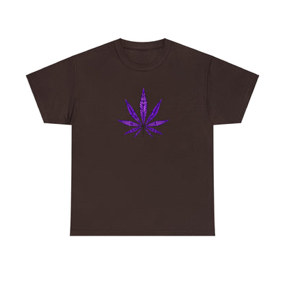 A brown Purple Cannabis Leaf Tee featuring a vibrant purple cannabis leaf design on the front, celebrating marijuana culture.