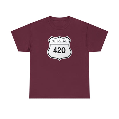 Interstate 420 Shirt Tee in maroon featuring a white 