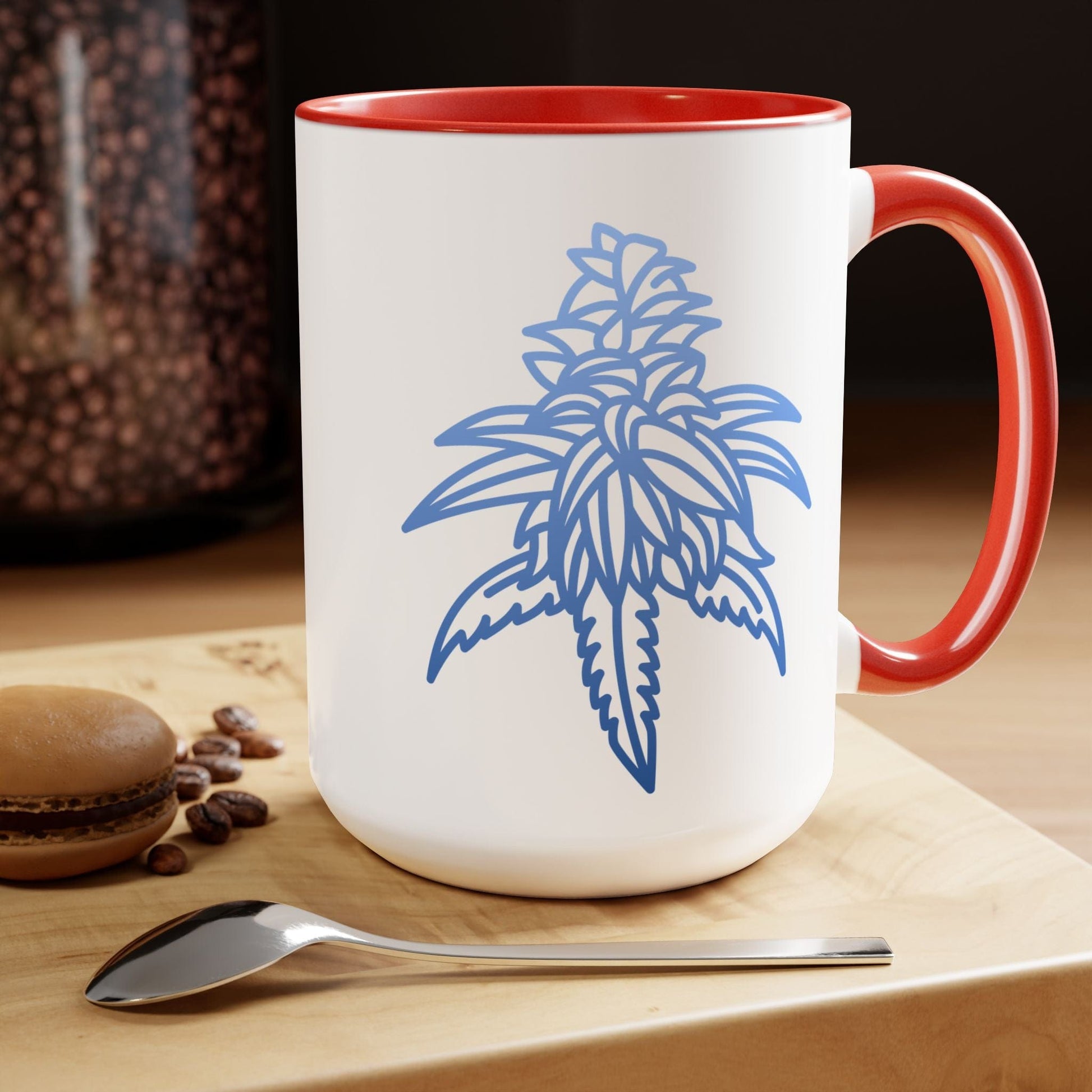 A unique gift, the Blue Dream Cannabis Coffee Mug boasts a white exterior with a red handle