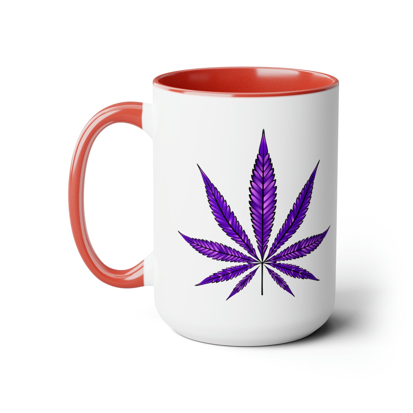 Purple Haze Marijuana Coffee Mug with a red interior and handle, featuring a Purple Haze Marijuana leaf design on the side, isolated on a white background.