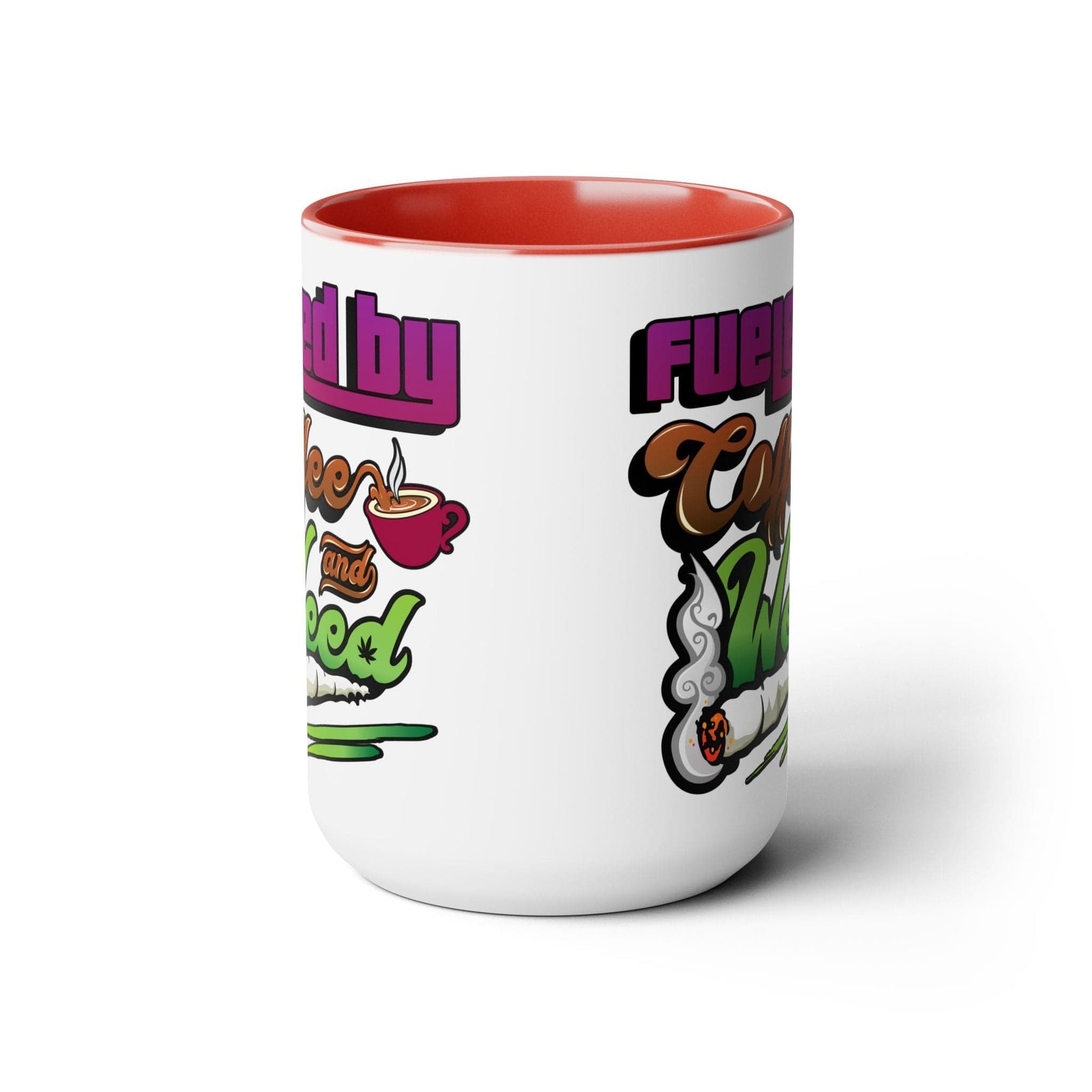The Fueled by Coffee and Weed 15oz Coffee Mug is a white ceramic cup with a red interior, colorful text, and illustrations of a coffee cup and rolled joint—ideal for daily coffee lovers.