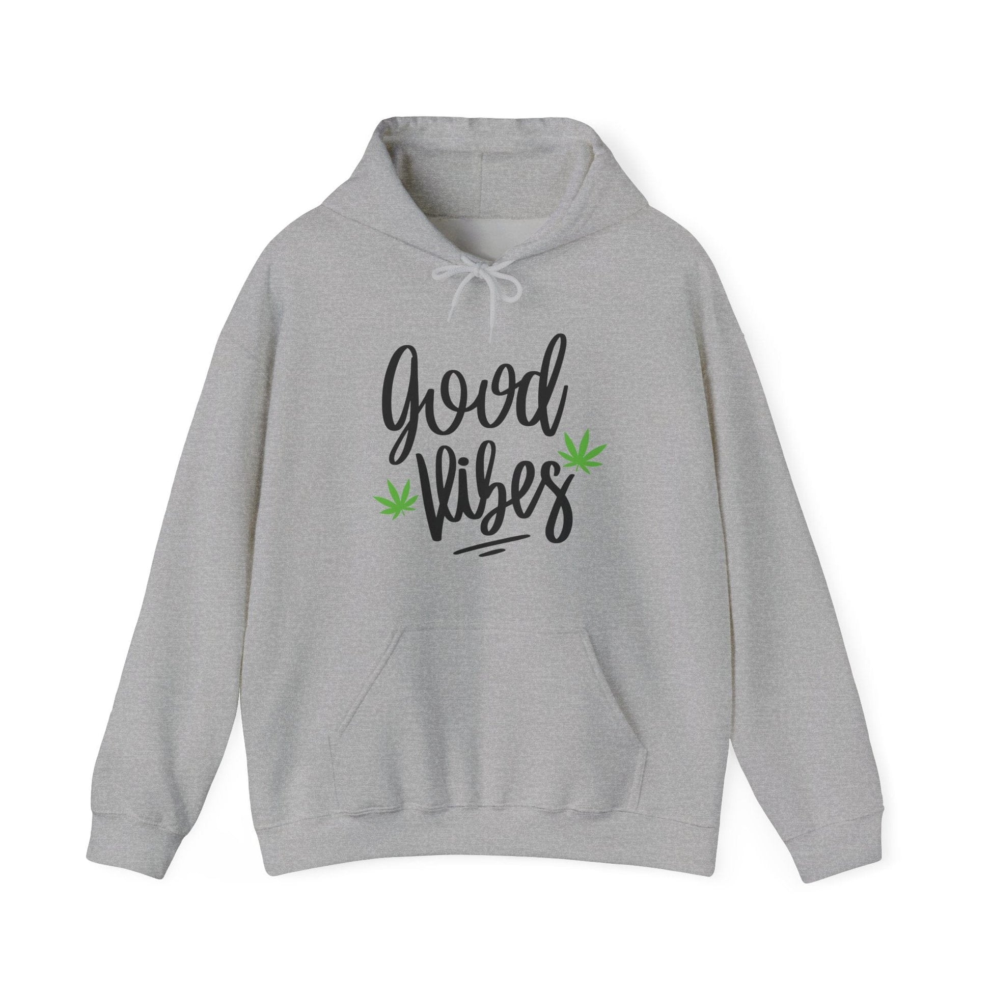 Stay ultra-comfy in the Good Vibes Marijuana Leaf Hoodie—a gray essential with a hood, drawstrings, “good vibes” text, and two green marijuana leaf graphics on the front.