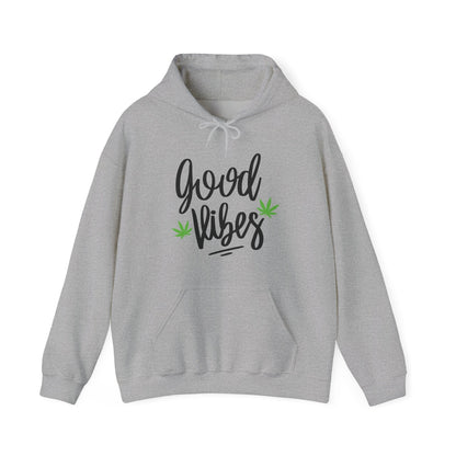 Stay ultra-comfy in the Good Vibes Marijuana Leaf Hoodie—a gray essential with a hood, drawstrings, “good vibes” text, and two green marijuana leaf graphics on the front.