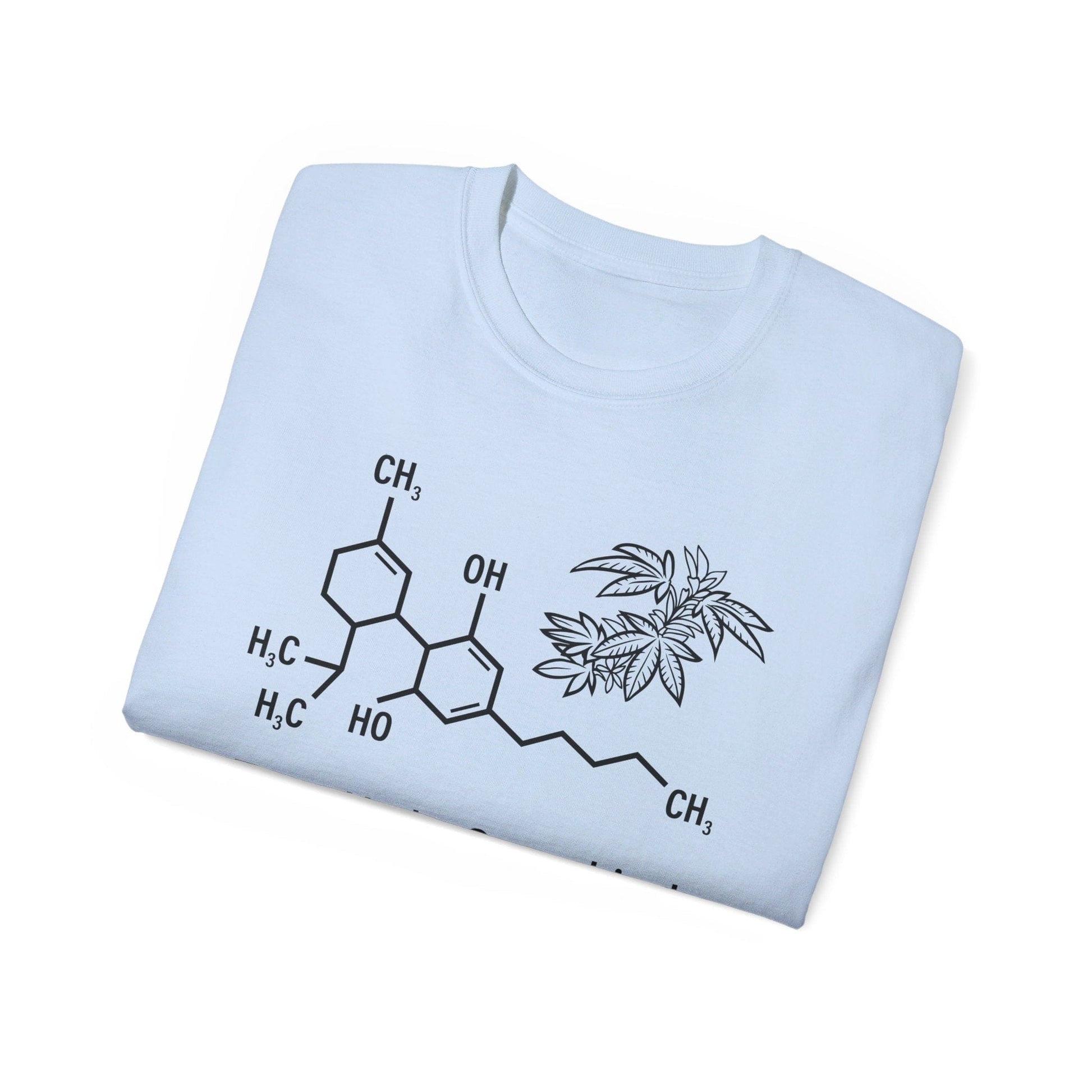 Folded Tetrahydrocannabinol (THC) Molecule Weed Shirt in white, featuring a chemical structure diagram of the THC molecule and a plant