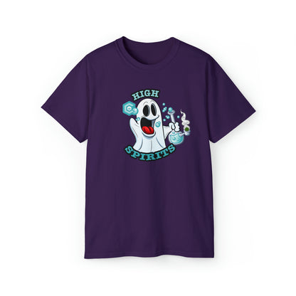 A High Spirits Ghost with Bong Weed Shirt featuring a cartoon ghost with a bong and the phrase "high spirits" surrounded by playful bubbles and stars.