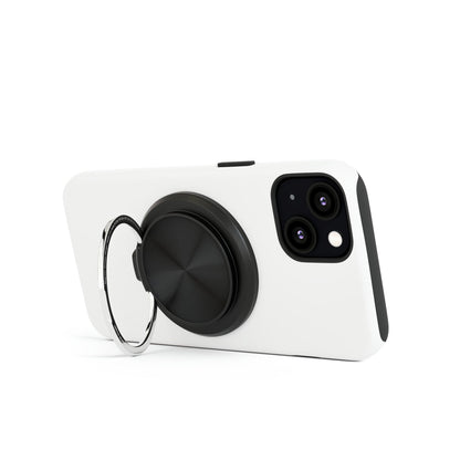 White smartphone case featuring dual rear cameras and a circular black grip