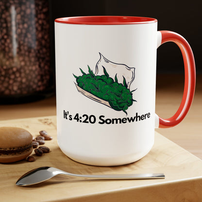 The It's 420 Somewhere 15oz Coffee Mug features a two-tone design with a vibrant red handle 