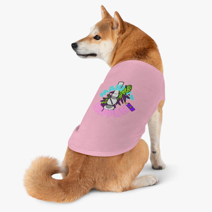 Shiba Inu sporting a Make It Happen Cannabis Pet Tank Top in pink, featuring a vibrant design 