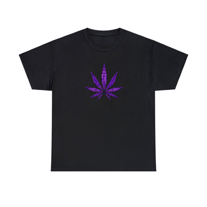 Vibrant-colored Purple Cannabis Leaf Tee, reflecting marijuana culture.