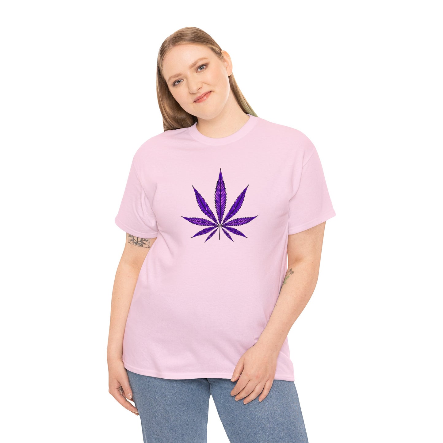 A woman in a Purple Cannabis Leaf Tee, representing marijuana culture.