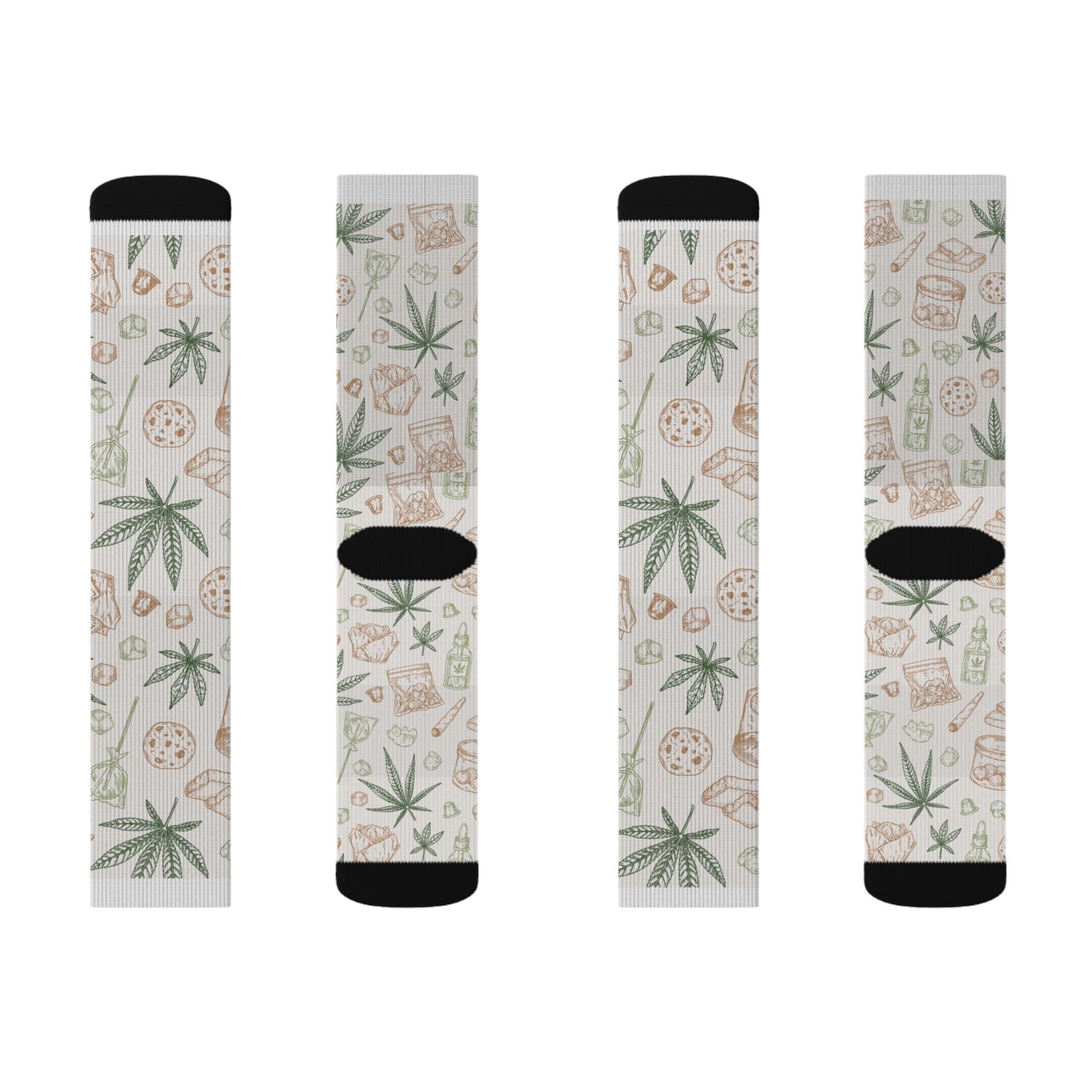 Retro Weed Socks feature four pairs with black toes and cuffs, each decorated in quirky cannabis style—pizza slices, weed leaves, and drink cartons on a light background. A perfect 420 gift for fans of fun socks!.