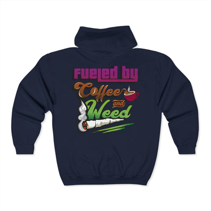 Stay cozy in the Fueled by Coffee and Weed Full Zip Hooded Sweatshirt. This navy zip-up features colorful "Fueled by Coffee and Weed" lettering, with coffee cup and joint graphics on the back.