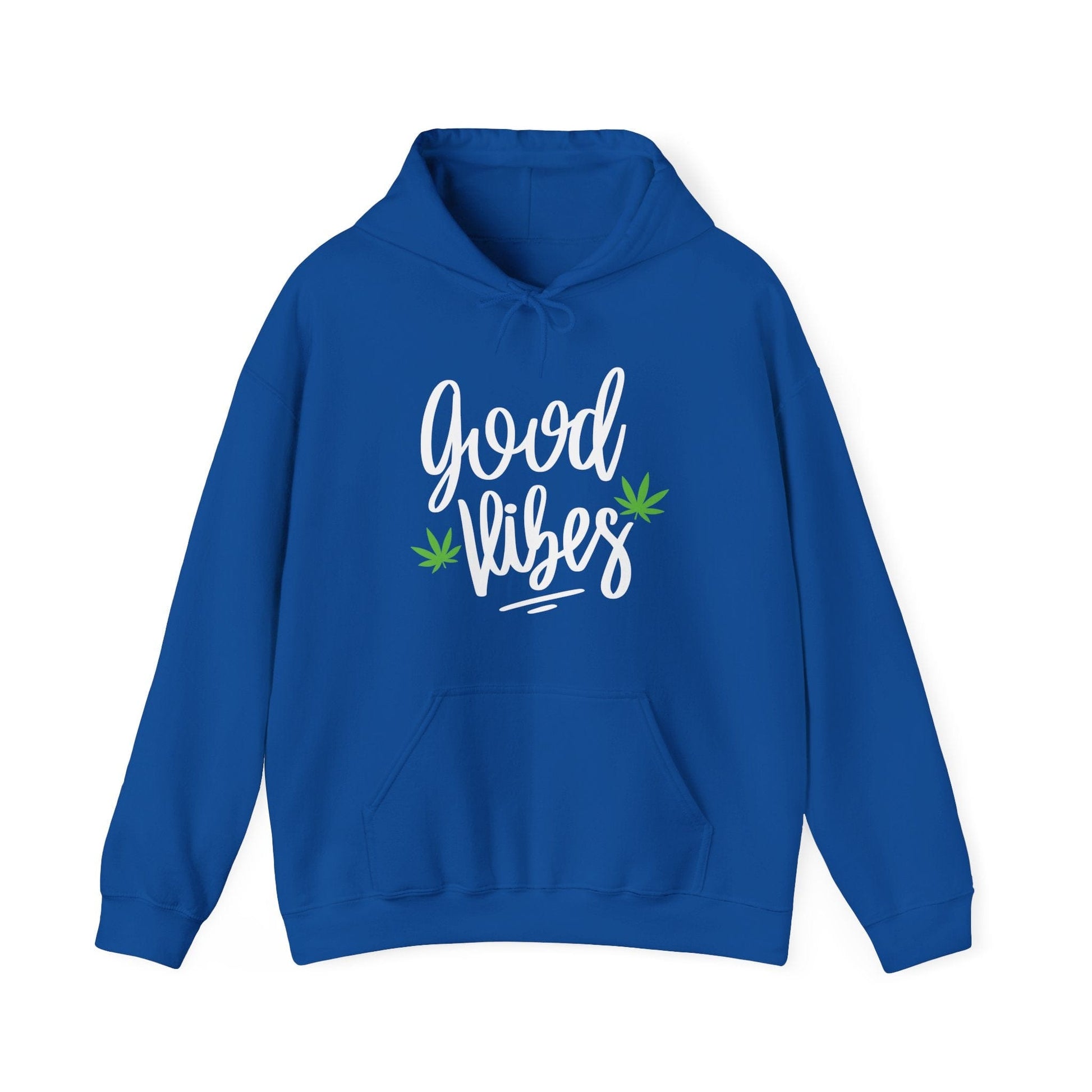 The Good Vibes Marijuana Leaf Hoodie is a blue hoodie with white "good vibes" text and two green cannabis leaves on the front—ultra-comfy and perfect for relaxed, positive style.