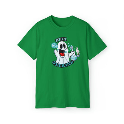 High Spirits Ghost with Bong Weed Shirt featuring a cartoon ghost with a bong and the phrase "high spirits" against a bubbly background.