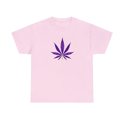 Vibrant pink Purple Cannabis Leaf Tee with a purple cannabis leaf design centered on the chest, perfect for expressing marijuana culture.