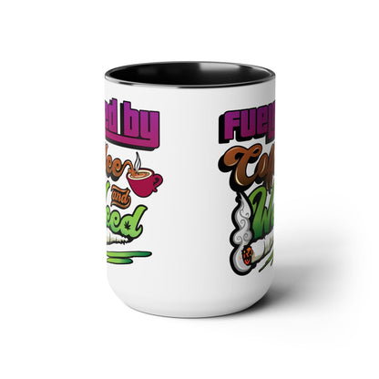 The Fueled by Coffee and Weed 15oz Coffee Mug is a white ceramic mug with a black interior, featuring colorful text plus illustrations of a coffee cup and joint—perfect for brightening up your morning routine.