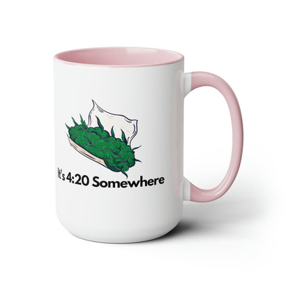 The "It's 420 Somewhere" 15oz Coffee Mug features a whimsical illustration of a pillow and greenery