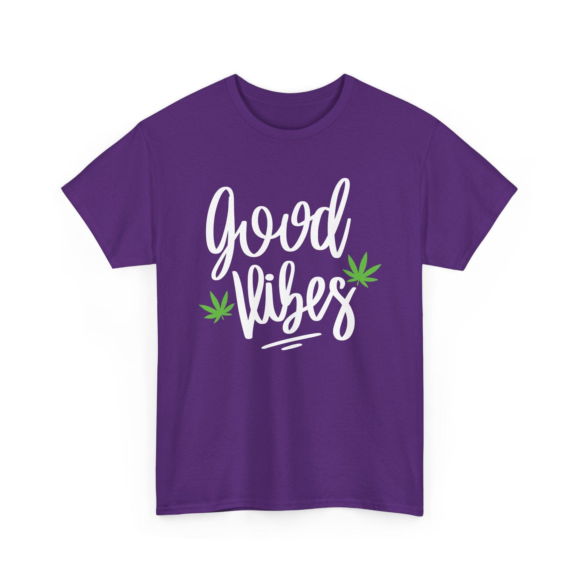 The Good Vibes Marijuana Leaf T-Shirt features "good vibes" in white cursive and two green cannabis leaves—ideal for plant enthusiasts wanting to share a relaxed vibe.