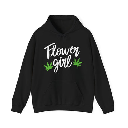 The Flower Girl Pot Leaf Hoodie is a black, ultra-soft hoodie with “Flower Girl” in white script and two green cannabis leaves—ideal for displaying your canna pride.