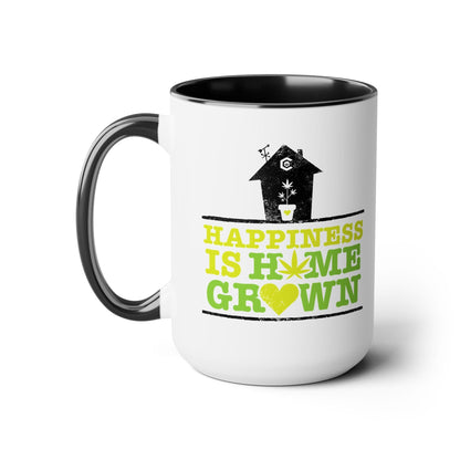 White and black ceramic coffee mug with the text Happiness Is Homegrown Weed Coffee Mug