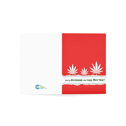 A Christmas card featuring a red and white design with three white maple leaves and a "personalized wish for a merry Christmas and happy New Year!" greeting, including a logo of the Have a Dope Holiday Merry Christmas Happy New Year Greeting Cards (1, 10, 30, and 50pcs) corporation.