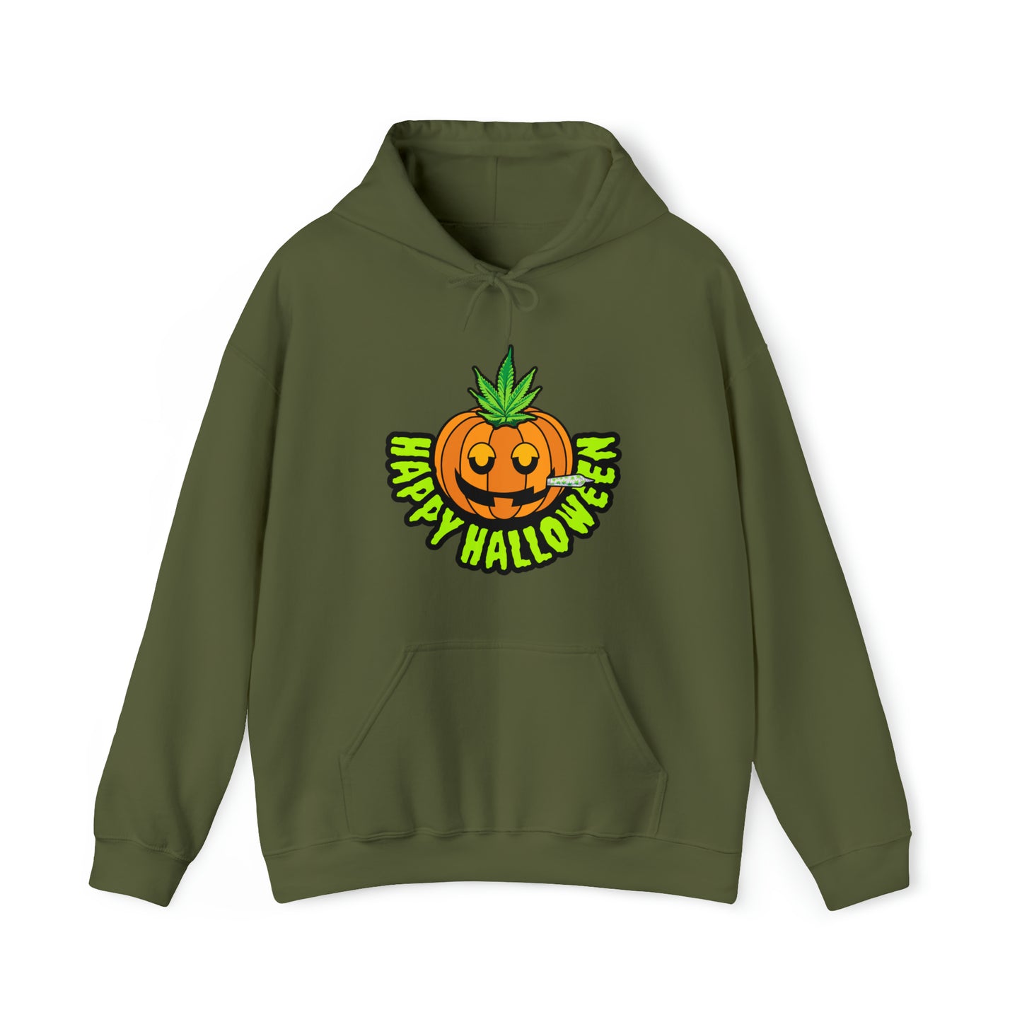 Military Green Happy Halloween Stoner Pumpkin Cannabis Hoodie