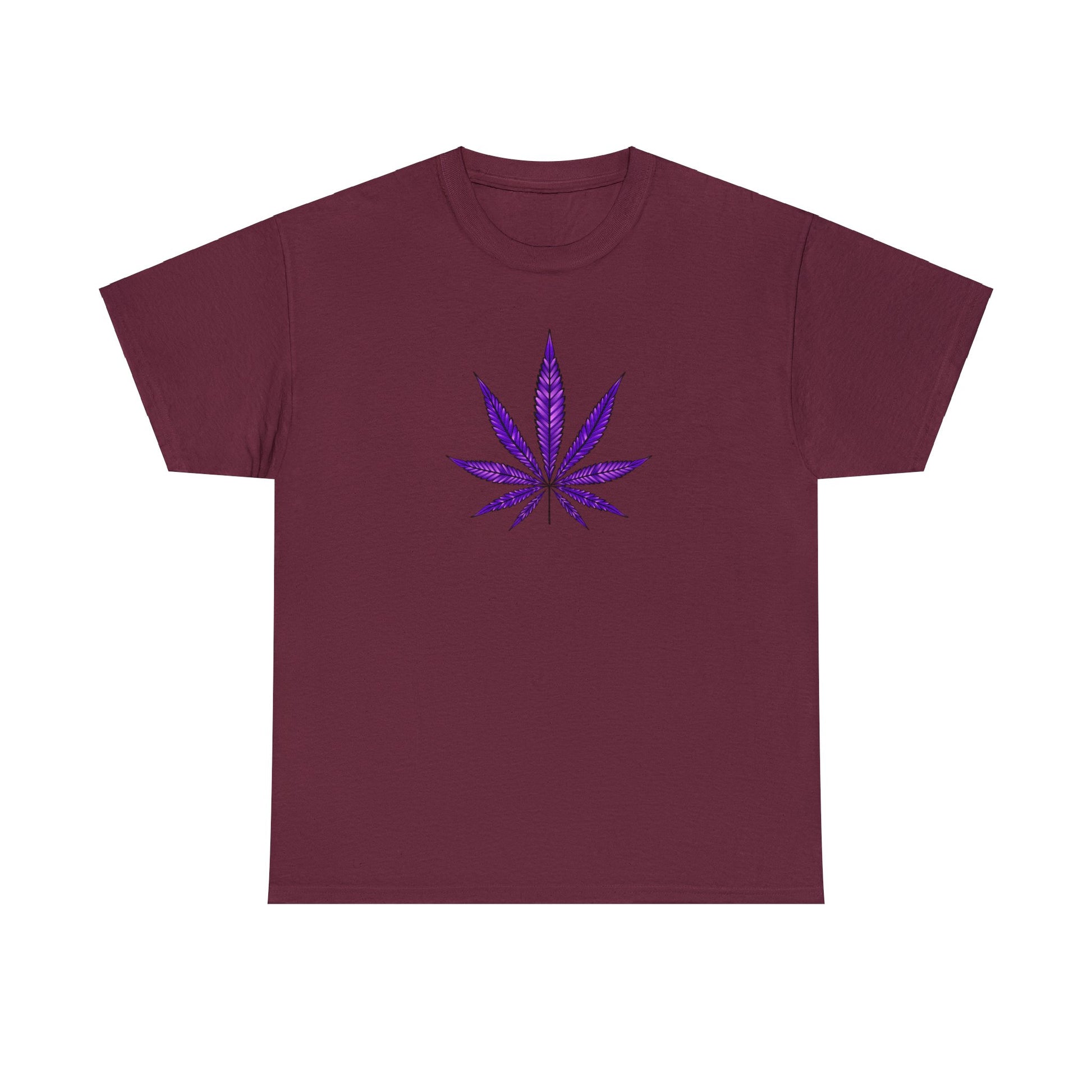 A maroon tee with a central graphic of a stylized Purple Cannabis Leaf on the front, illustrating marijuana culture.