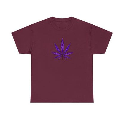 A maroon tee with a central graphic of a stylized Purple Cannabis Leaf on the front, illustrating marijuana culture.