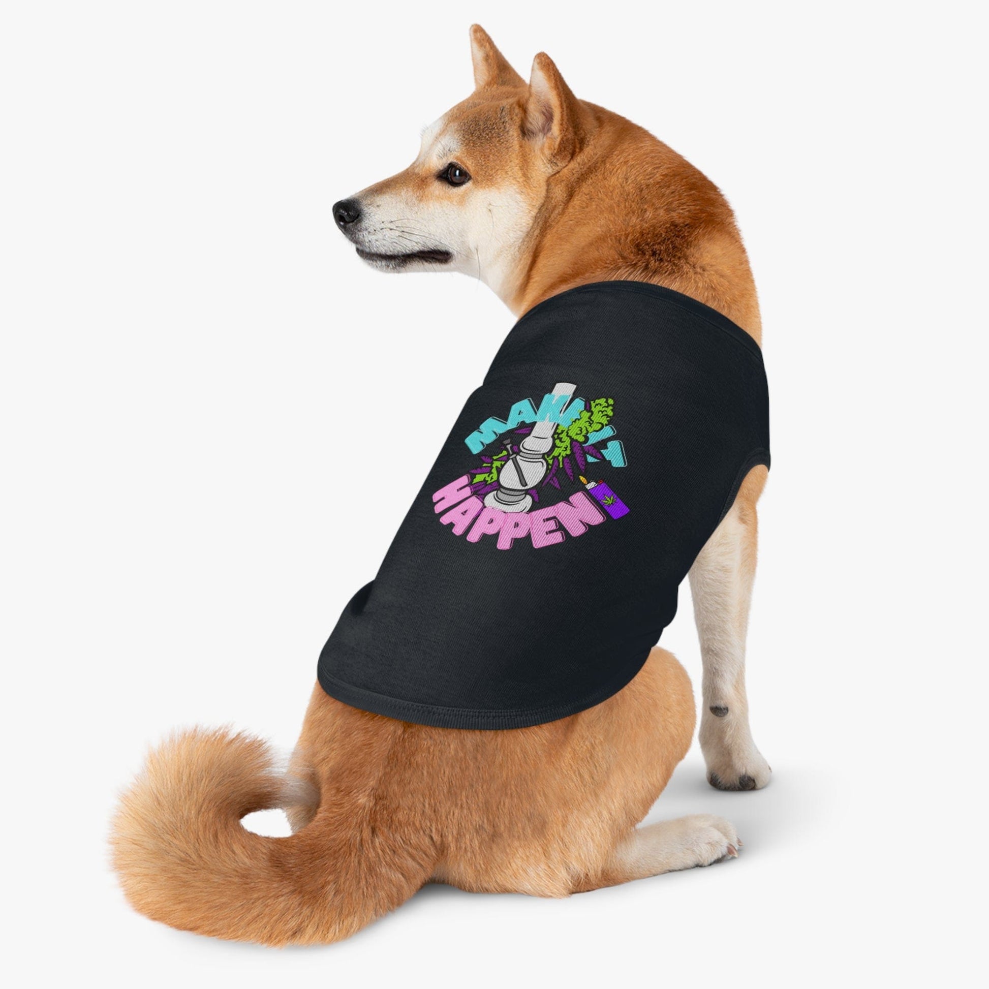 A Shiba Inu confidently poses away from the camera, wearing the stylish Make It Happen Cannabis Pet Tank Top