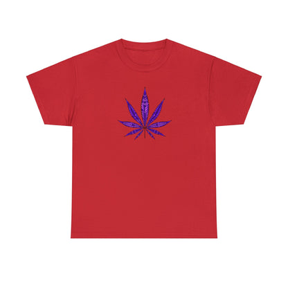 Purple Cannabis Leaf Tee with a vibrant color blue and purple marijuana leaf design centered on the front.