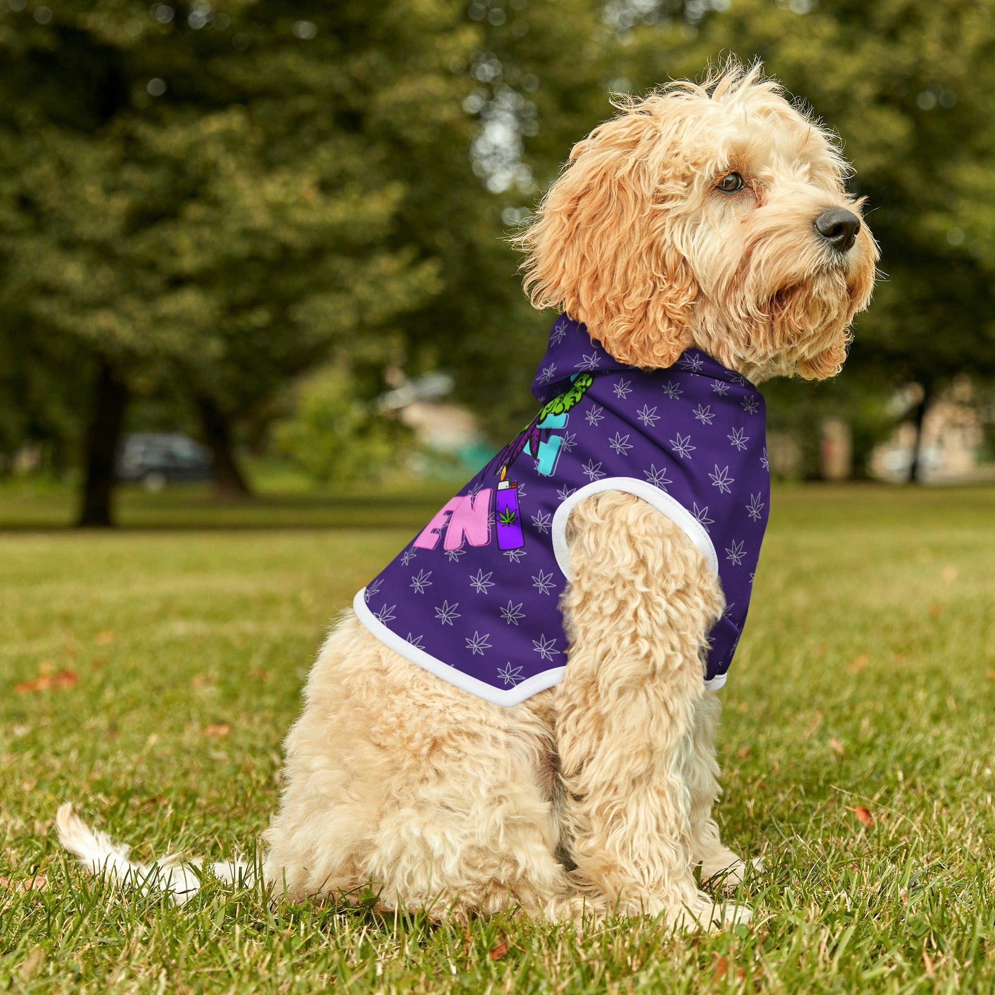  Make It Happen Cannabis Pet Hoodie—a purple vest with green pattern