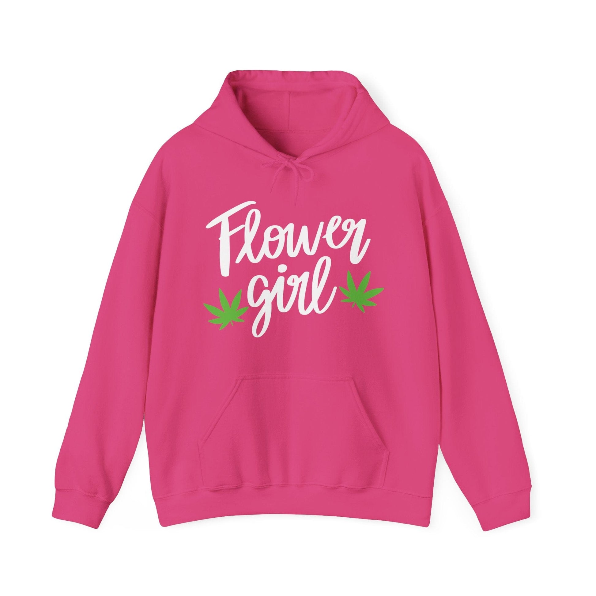 The Flower Girl Pot Leaf Hoodie is a pink ultra-soft hoodie with "Flower Girl" in white cursive and two green cannabis leaves, perfect for showing your canna pride.