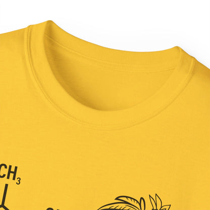 Close-up of the neckline of a bright yellow Tetrahydrocannabinol (THC) Molecule Weed Shirt featuring black printed graphics