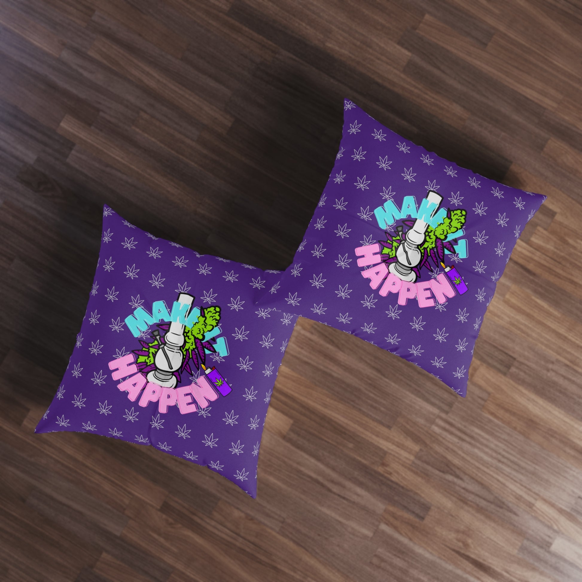 Two purple Make It Happen Cannabis tufted floor pillows with a graphic of a rocket on a wooden floor.