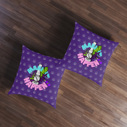 Two purple Make It Happen Cannabis tufted floor pillows with a graphic of a rocket on a wooden floor.