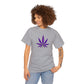 A person wearing a vibrant color gray Purple Cannabis Leaf Tee with a purple cannabis leaf design on the front.