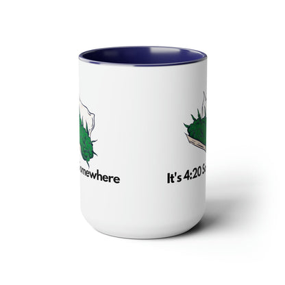 The "It's 420 Somewhere" 15oz Coffee Mug boasts a white ceramic exterior complemented by a blue interior